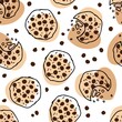 © Елена Кутузова - Cookies seamless pattern. Simple cute cookie flat vector backdrop. Hand drawn sketch with broun color. For cafe, menu, wall art. Sweet dessert. Freshly baked chocolate cookie icon. Food pattern
