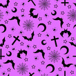 Pastel goth background with bats, crosses and stars. Seamless kawaii pink pattern with spooky Halloween elements and creepy doodles.
