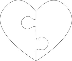 Contour continuous illustration of a single line. Heart Puzzle Black and White background Vector Illustration