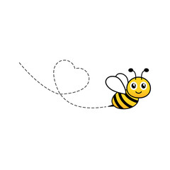 Poster - Cartoon bee icon. Heart dotted lines path. Happy lovely bee character. Vector illustration isolated on white background.