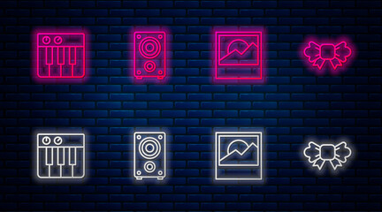 Sticker - Set line Stereo speaker, Photo, Music synthesizer and Bow tie. Glowing neon icon on brick wall. Vector