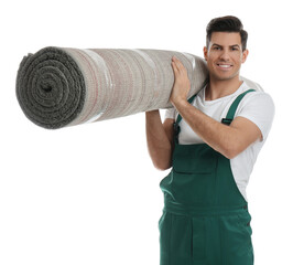 Sticker - Male worker with rolled carpet on white background