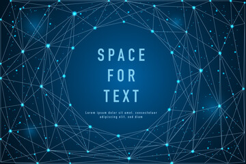 Wall Mural - Magic night sky banner for invitation card. Frame template for text or photo with geometric wireframe background in polygonal style. Futuristic space for booklet.Low polygon light connection structure