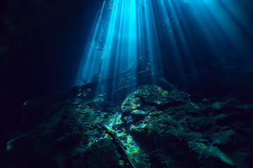 Sticker - underwater landscape mexico, cenotes diving rays of light under water, cave diving background