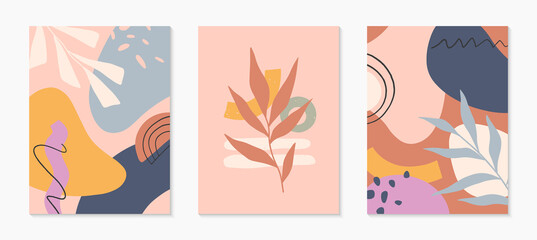 Wall Mural - Set of mid century modern abstract vector illustrations with organic shapes and plants.Minimalistic art prints.Trendy designs perfect for banners templates;social media,invitations;branding,covers