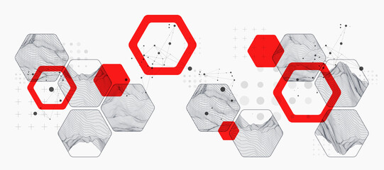Leinwandbilder - Modern science or technology abstract background using hexagonal shapes. Wireframe spot surface illustration. Vector.