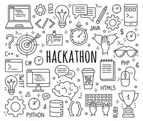 Wall Mural - hackathon and datathon set of doodle style icons.
