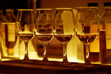 Four Glasses Of Whiskey During A Tasting In Glenfiddich Distillery