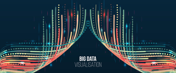 Big data visualization. Information analytics concept. Abstract stream information with ball array and binary code. Filtering machine algorithms. Sorting data. Vector technology background.