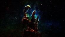 4K 3D Flight To Star Field Galaxy And Nebulae Deep Space Exploration The Eagle Nebula With Flashing Flickering Gas Cloud Nebula. Space Exploration Messier 16 The Eagle Nebula. Furnished By NASA Image.