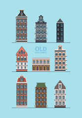 Poster - Old exterior buildings. European street old fashioned construction detailed beautiful facades garish flat vector pictures collection