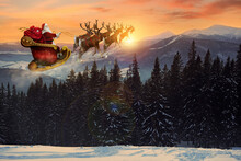 Magic Christmas Eve. Santa With Reindeers Flying In Sky