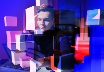 background on topic of working as a geek. man next to computer. concept - computer money guy. volume