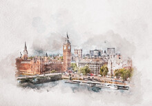 Watercolor Painting Of Big Ben, Westminster Palace In London, The UK.