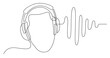 continuous line drawing of man listening music in headphones wuth sound wave