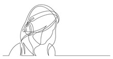 Continuous Line Drawing Of Long Hair Style Woman Relaxing Listening Music In Headphones