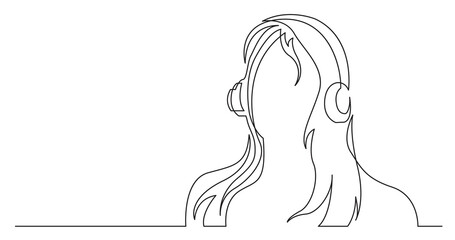 Wall Mural - continuous line drawing of long hair woman listening music in headphones