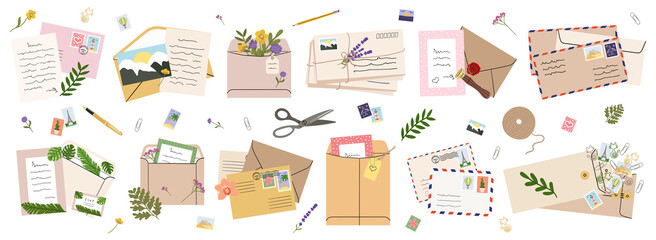 set of mails, envelopes, letters, postcards, postage stamps and stationery. concept of sending lette