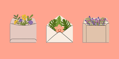 Wall Mural - Set of envelopes with flowers and leaves. Concept of sending letter of love and friendship. Hand drawn vector illustration