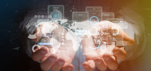 Wall Mural - businessman holding user interface screens with icon, stats and data 3d rendering