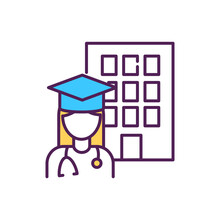 Medical Student RGB Color Icon. Academic Education For Doctor. Female Nurse Studying. Graduate From College. Learn To Become Professional Therapist. Study Medicine. Isolated Vector Illustration