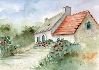 Watercolor illustration of a village cottage among the green trees and blooming shrubs with a trail in front of it