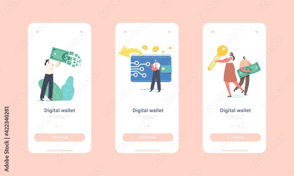 Digital Wallet Mobile App Page Onboard Screen Template. Tiny Male ...