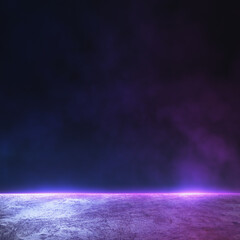 Wall Mural - abstract background with dark wall with copyspace and foggy concrete floor illuminated by purple col