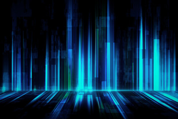 Wall Mural - Abstract digital background with dark wall and floor and glowing blue and green lines. Mock up