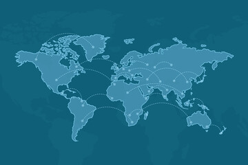 worldwide concept with countries map illustration connected by dotted lines on blue background