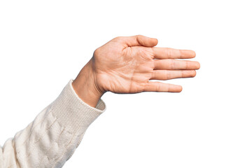 Wall Mural - Hand of caucasian young man showing fingers over isolated white background stretching and reaching with open hand for handshake, showing palm