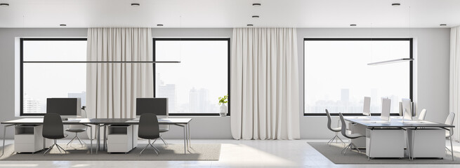 Megapolis city view from big window in sunny open space office with stylish light furniture, grey carpet and curtain