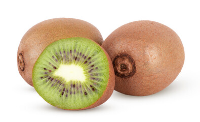 Whole kiwi fruit and sliced isolated on white background