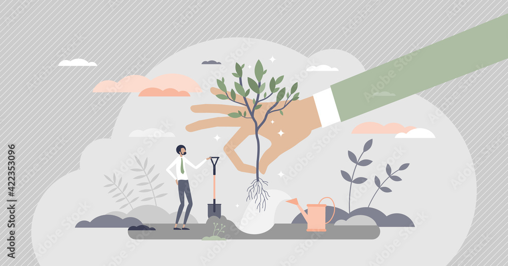 Plant a tree as corporate environmental responsibility tiny person concept - obrazy, fototapety, plakaty 