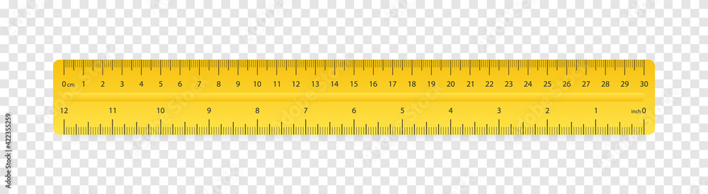 Ruler inches and cm scale on transparent background with shadow. Plastic yellow insulated ruler with double side measuring inches and centimeters. Ruler 30 cm scale. School geometric supplies. Vector - obrazy, fototapety, plakaty 