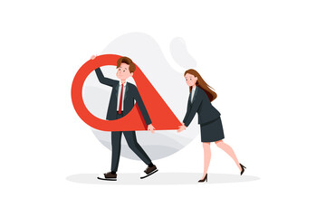 Business man and woman carry a large map pointer. New office location concept.