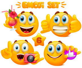 Wall Mural - Set of yellow emoji cartoon characters with different facial expressions in glossy 3D realistic style isolated in white background. Aloha party concept