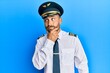 © Krakenimages.com - Handsome man with beard wearing airplane pilot uniform with hand on chin thinking about question, pensive expression. smiling with thoughtful face. doubt concept.