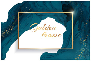 Wall Mural - golden rectangle frame with turquoise watercolor wave or fluid art in alcohol ink style with glitter
