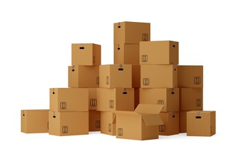 Stack of open and closed brown cardboard moving storage boxes over white background, moving day concept