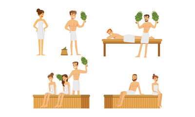 Wall Mural - Set of Happy People Relaxing in Hot Sauna Set, Young Men and Women Bathing with Bath Broom Cartoon Vector Illustration