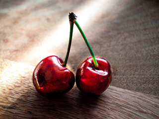 cherries on a wooden table