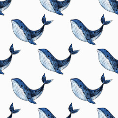 watercolor pattern blue whale with flowers on a white background. for printing on children's things, fabric, wallpaper .. paper, packaging. wildlife. nautical ornament