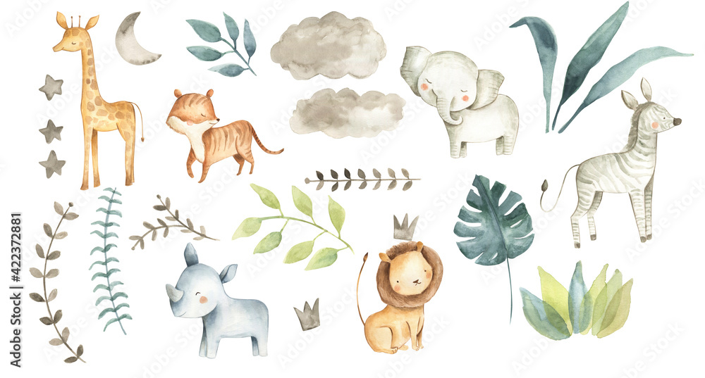 Safari animals watercolor illustration baby nursery  - obrazy, fototapety, plakaty 