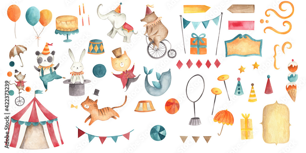 Circus watercolor illustration animals baby bear elephant tiger Stock ...