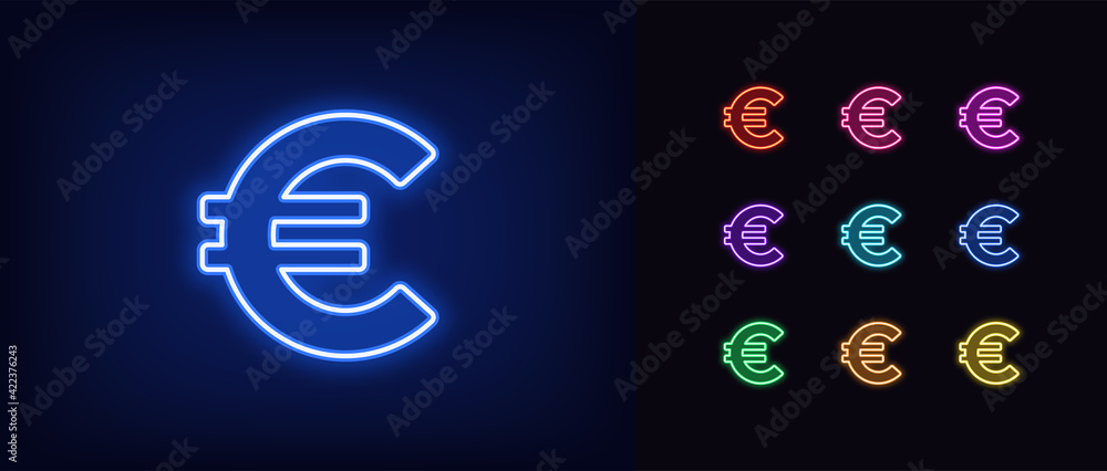 Neon euro icon. Glowing neon euro sign, outline money symbol - obrazy, fototapety, plakaty 