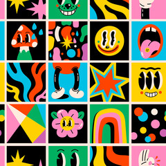 Wall Mural - Hand drawn Abstract shapes, funny cute Comic characters. Big Set of Different colored Vector illustartions. Cartoon style. Flat design. Square logos. Seamless Pattern. Background, wallpaper