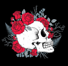 Skull And Roses Flowers Hand Drawn Illustration. Sketch Illustration. Tattoo Vintage Print. Skull And Roses. T-shirt Design.