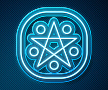 Glowing Neon Line Pentagram In A Circle Icon Isolated On Blue Background. Magic Occult Star Symbol. Vector