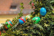 Easter Is A Religious Festival With Colored Eggs And Decorated Bushes And Fountains